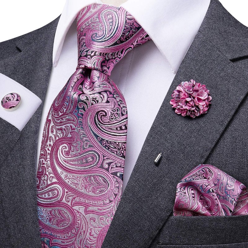Dubulle Mens Tie and Lapel Pin Pink Grey Paisley Striped Floral Necktie for Men Pocket Square Cufflinks Wedding Party - Image 5